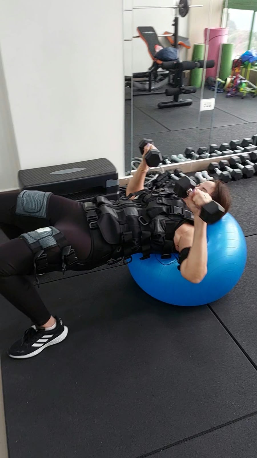 A client exercising with dumbbells and a stability ball